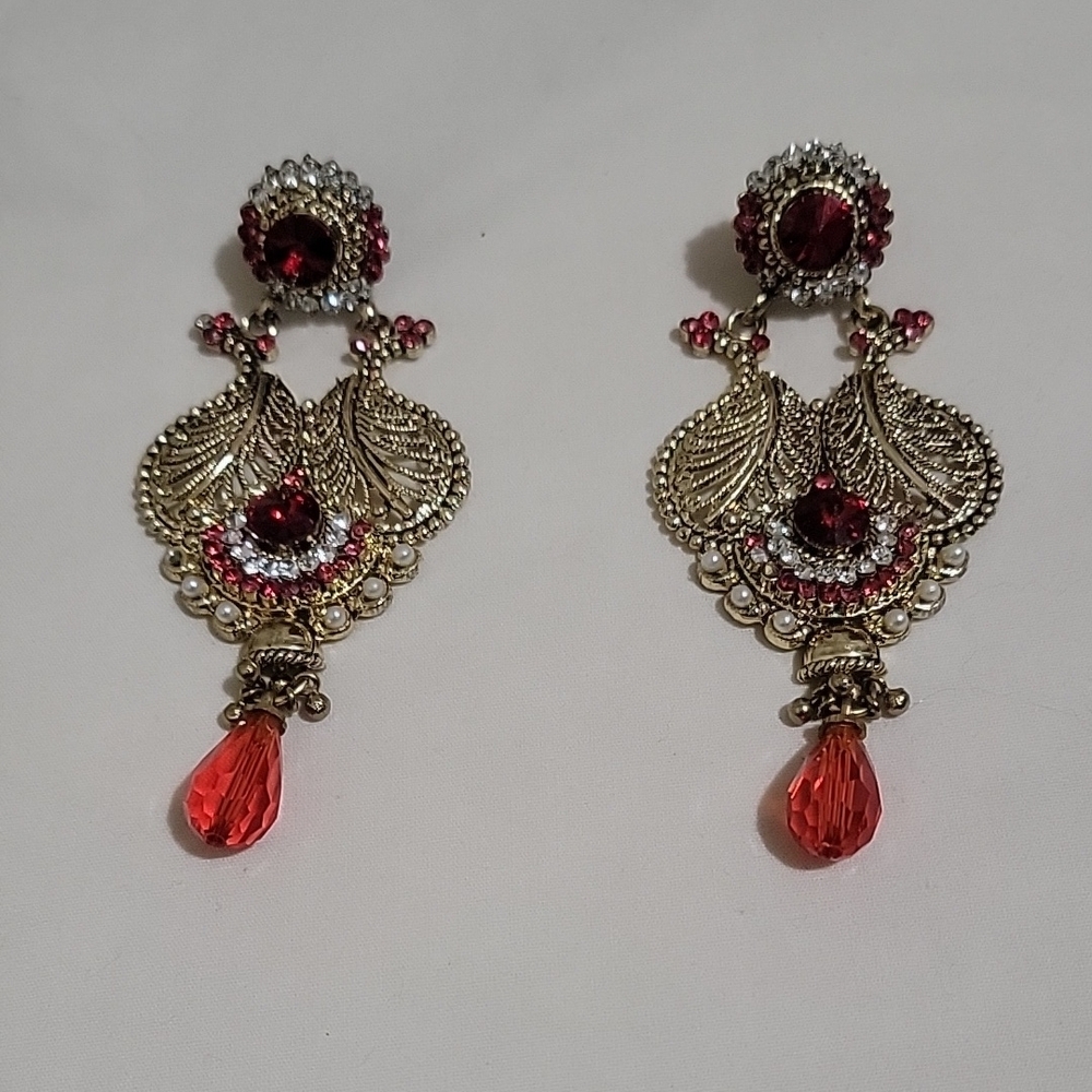 Elegant Red and Gold Dangle Earrings